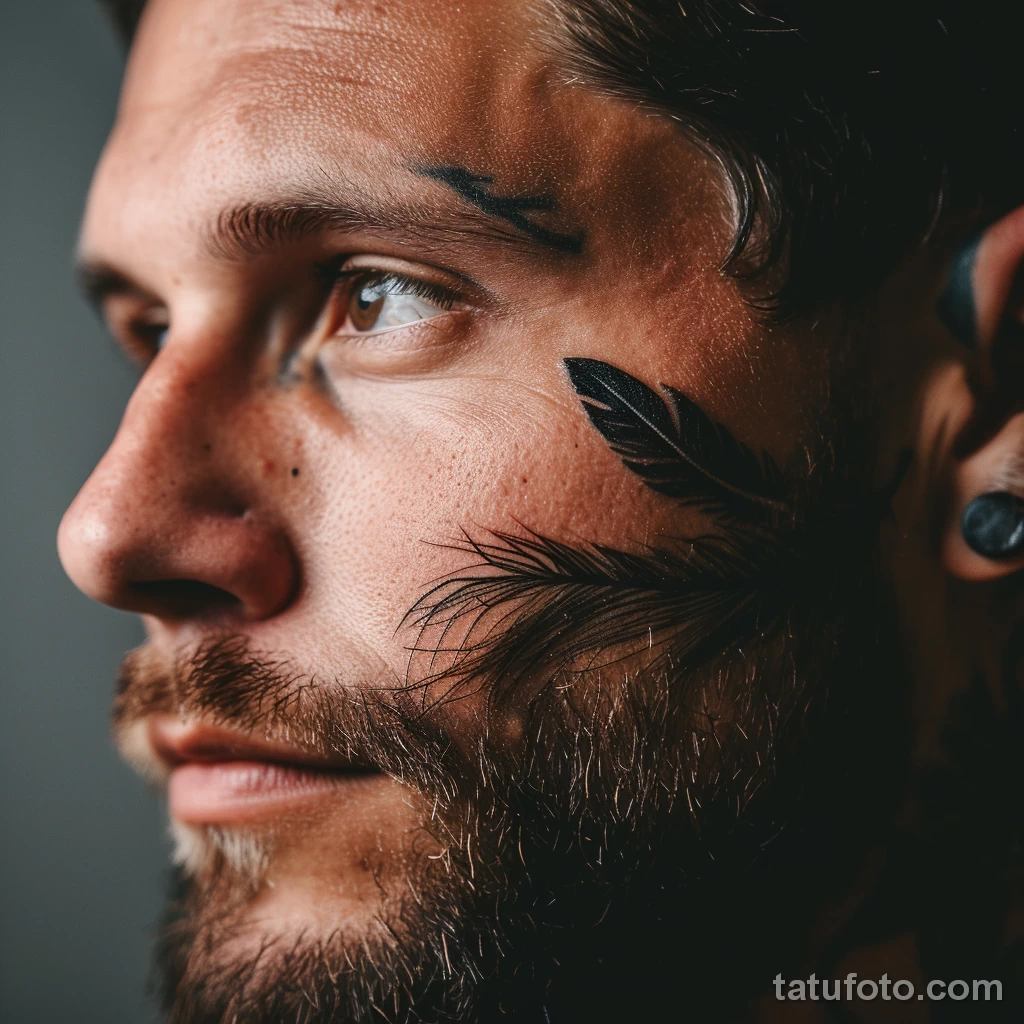 тату на лице - Portrait of a man with a delicate feather tattoo on dbfe c bd bafa _1 - 261223 tatufoto.com 144