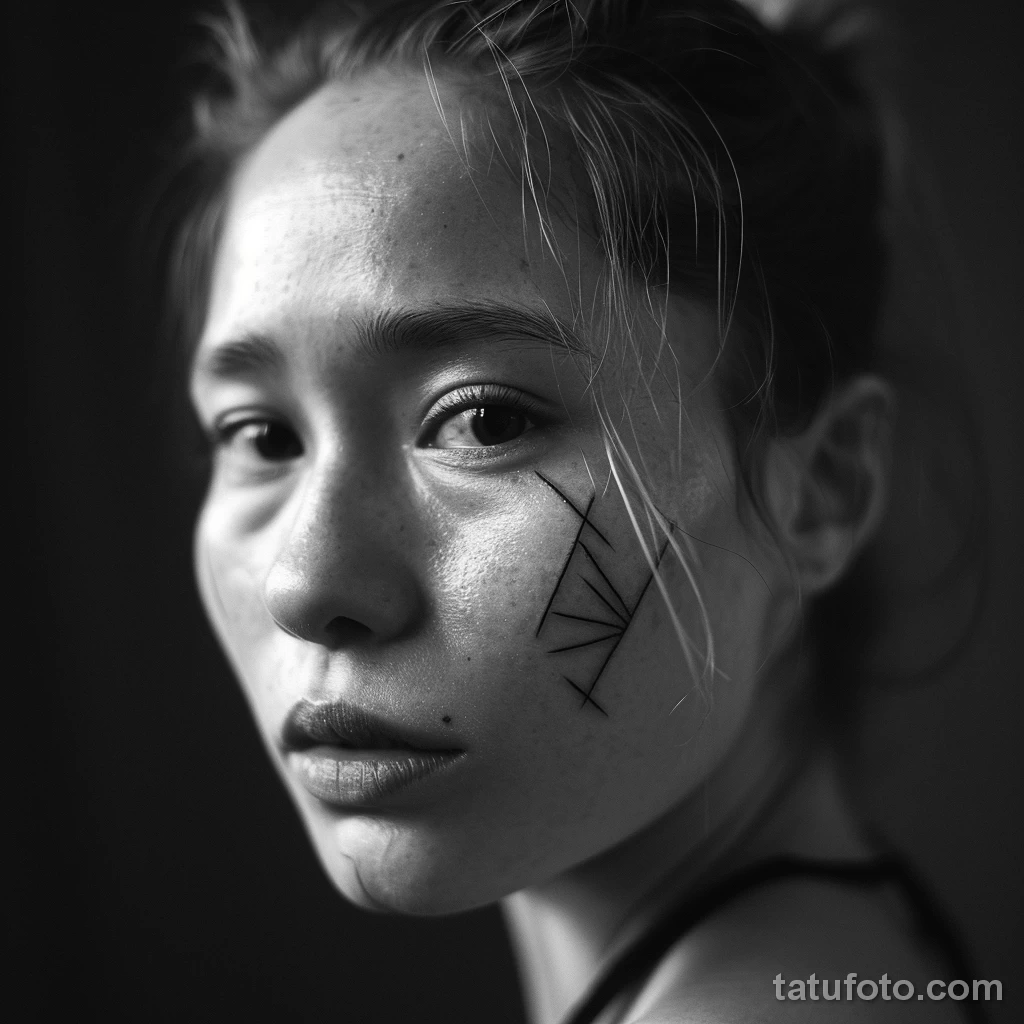 тату на лице - Portrait of a woman with a fine line geometric tatto dbaea eccff _1 - 261223 tatufoto.com 149