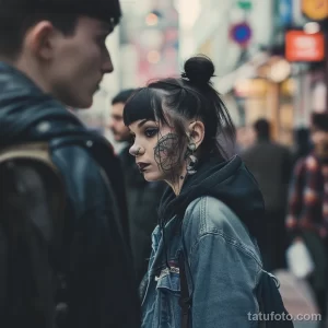 Фото тату на лице девушки: абстрактный черный рисунок, напоминающий маску, выполненный в графичном стиле. Девушка смотрит в сторону.