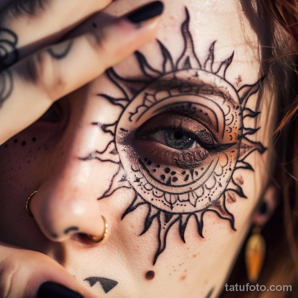 тату на лице - Woman with a stunning sun tattoo around her eye s ddf ad a fadeeb - 261223 tatufoto.com 152