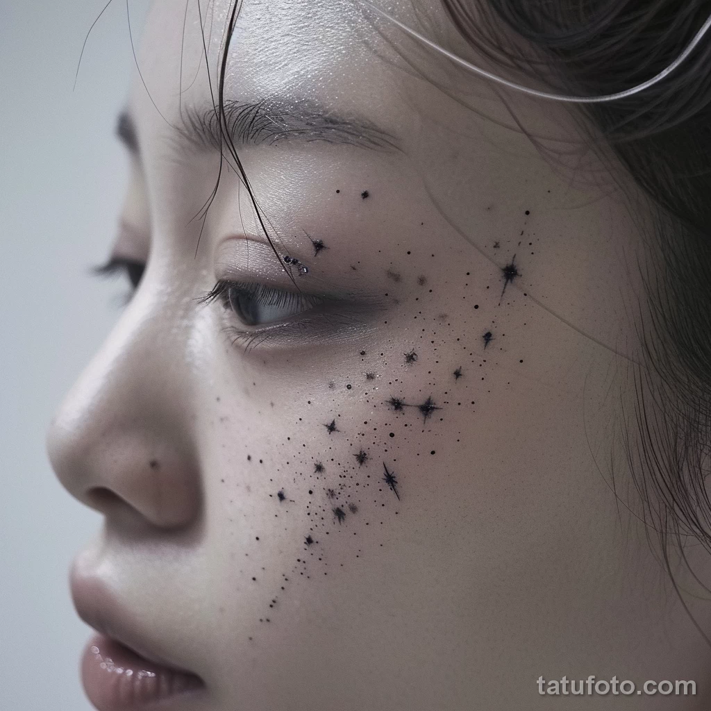 тату на лице - Woman with a subtle star constellation tattoo near h e c b eeac _1_2_3 - 261223 tatufoto.com 156