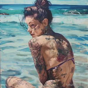 Фото тату на теле с изображением роз, волн и других элементов. Детализированный рисунок татуировки в реалистичном стиле.