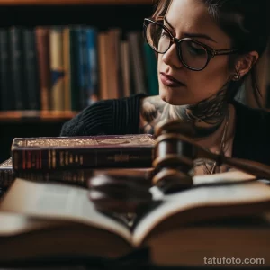 Фото тату: девушка в очках и с татуировкой на шее, читающая книгу. Стильный и интеллектуальный образ.