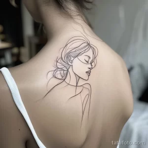 Фото татуировки на шее: портрет девушки, выполненный в технике line art, с акцентом на глаза и волосы. Идеально для женственных и изящных образов.