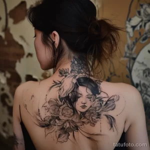 Фото тату: портрет девушки, окруженный цветами, выполненный в технике blackwork на спине. Детализированный рисунок татуировки.