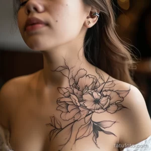 Фото тату: реалистичный рисунок цветка пиона, выполненный в технике blackwork на ключице и плече. Детализированный эскиз тату.