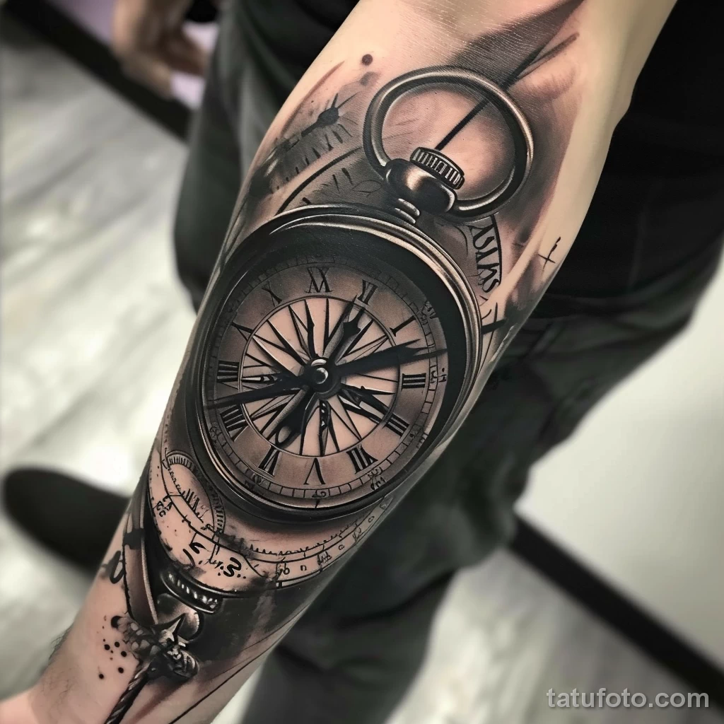 Искусство Сочетания Стилей в Татуировке - A realistic tattoo of a compass and clock on someone eeb bb f e badd _1_2 - 190124 tatufoto.com 135