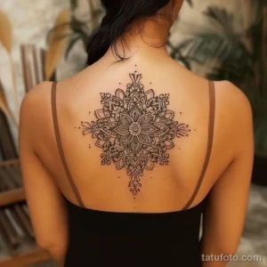 Фото тату: большая мандала на женской спине, выполненная в технике blackwork, с детализированными узорами и геометрическими формами, создающая эффектный визуальный образ.