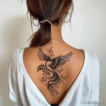 Фото тату: большая татуировка феникса на спине, выполненная в черном цвете с использованием детализации и плавных линий, символизирующая возрождение и надежду.