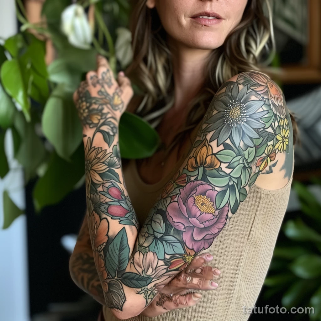 Как часто нужно обновлять татуировку - A woman with a sleeve tattoo featuring various flowe ef cc f e accf _1 - 160124 tatufoto.com 058