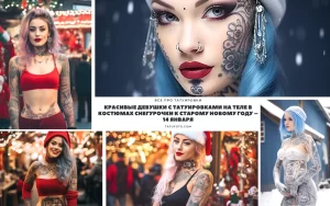 Коллаж из нескольких фотографий девушек с татуировками в новогодних костюмах снегурочек.