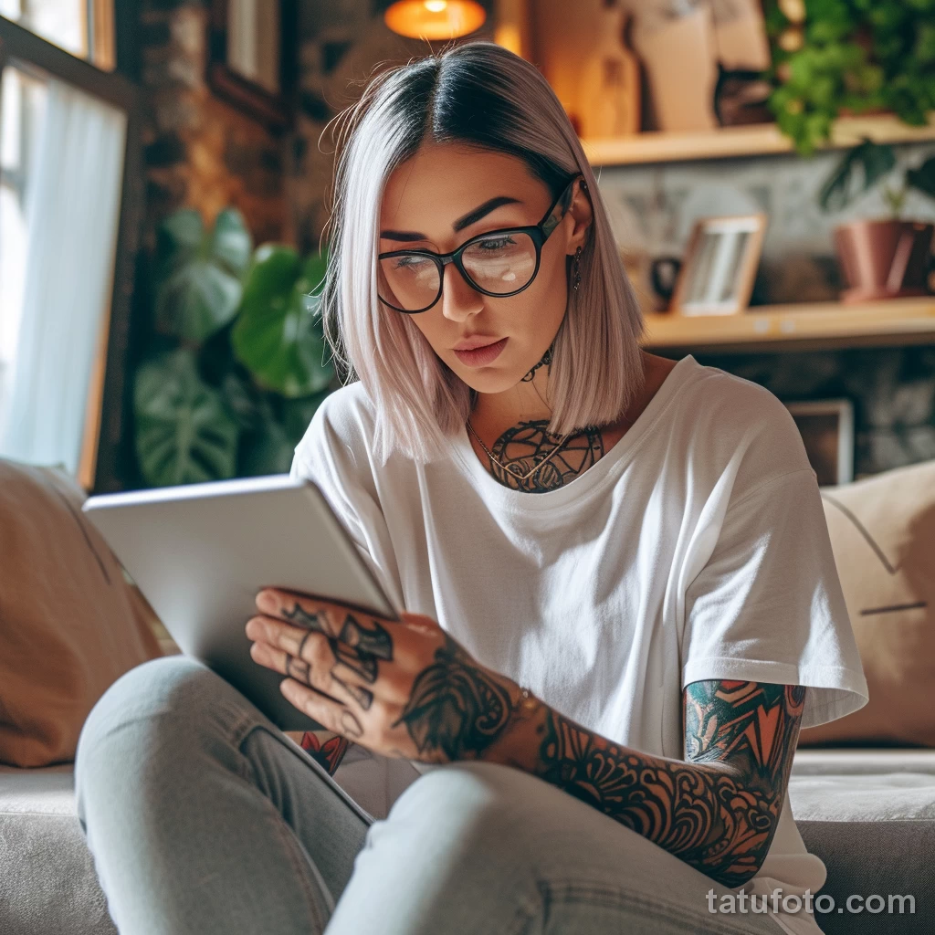 Красивый человек с тату ищет кредит в интернете - Young tattooed entrepreneur in a casual outfit thoug bbcb fc ab abf bdceedd _1 - 290124 tatufoto.com 024