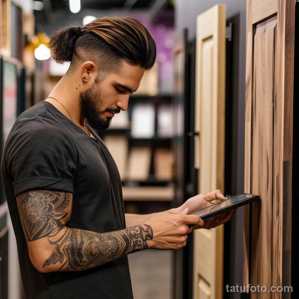 Люди с тату выбирают двери - Trendy young man with sleeve tattoos using a digital ced b a afcad _1_2 - 290124 tatufoto.com 019
