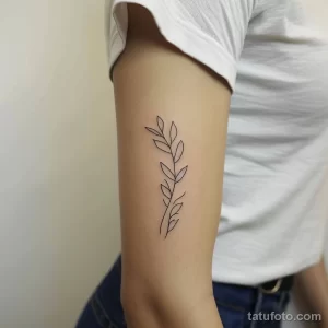 Фото тату: Минималистичная татуировка с изображением простой веточки с листьями на руке. Черно-белый рисунок, тонкие линии, лаконичный стиль.