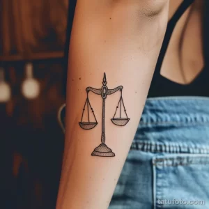 Фото тату: черно-белый рисунок весов правосудия на предплечье. Символичный эскиз тату, олицетворяющий справедливость и равновесие.