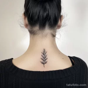 Черно-белое фото элегантной татуировки на затылке, изображающей тонкую ветку с листьями, расположенную вертикально.