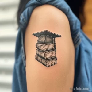Фото тату: реалистичное изображение книги с академической шапкой на руке девушки. Черно-белый рисунок татуировки с детальной проработкой.