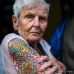 Фото тату в виде яркого узора на плече и груди пожилой женщины. Разнообразные рисунки татуировок с изображением цветов, листьев и абстрактных узоров.
