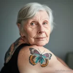 Фото тату бабочки на плече пожилой женщины. Яркие цвета, реалистичная детализация, нежный рисунок татуировки.