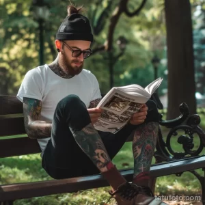 Фото тату: мужчина в белой футболке и кепке читает книгу на скамейке в парке. Руки и ноги покрыты яркими, красочными татуировками в различных стилях.