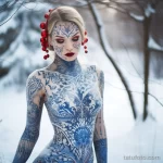 Фото красивой девушкаи с тату в костюме снегурочки - Festive Snow Maiden cosplay with intricate body tatt ad e d aeef - 080124 tatufoto.com 016