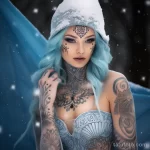 Фото красивой девушкаи с тату в костюме снегурочки - Snow Maiden cosplay with a tattooed twist set in a m ea ff e f ffdba - 080124 tatufoto.com 027