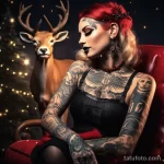 Фото красивой девушкаи с тату в костюме снегурочки - Tattooed beauty as Santa Claus with a reindeer in a ebabbf bfe bcdfd - 080124 tatufoto.com 035