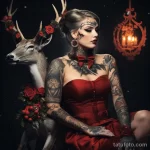 Фото красивой девушкаи с тату в костюме снегурочки - Tattooed beauty as Santa Claus with a reindeer in a ebabbf bfe bcdfd _1 - 080124 tatufoto.com 036