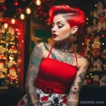 Фото красивой девушкаи с тату в костюме снегурочки - Tattooed lady in a Santa outfit with a backdrop of t bf fe f effce - 080124 tatufoto.com 045