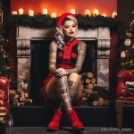 Фото красивой девушкаи с тату в костюме снегурочки - Tattooed woman in a stylish Santa outfit in front of ff d d d fd - 080124 tatufoto.com 051