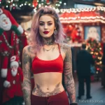 Фото красивой девушкаи с тату в костюме снегурочки - Trendy tattooed lady as Santa Claus in a vibrant Chr cfba de e a de _1_2_3 - 080124 tatufoto.com 058