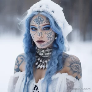 Фотография девушки с татуировками на лице и теле, в зимнем образе. Белые и голубые тона, снежный фон.