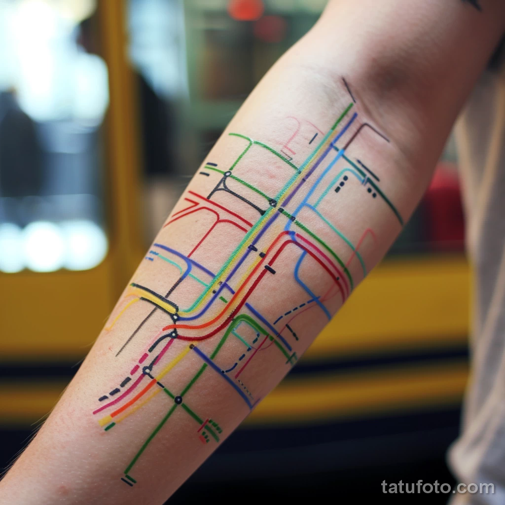 Фото тату про метро - Illustration of a subway train map on someones arm c f eef a eeae _1 - 080124 tatufoto.com 020