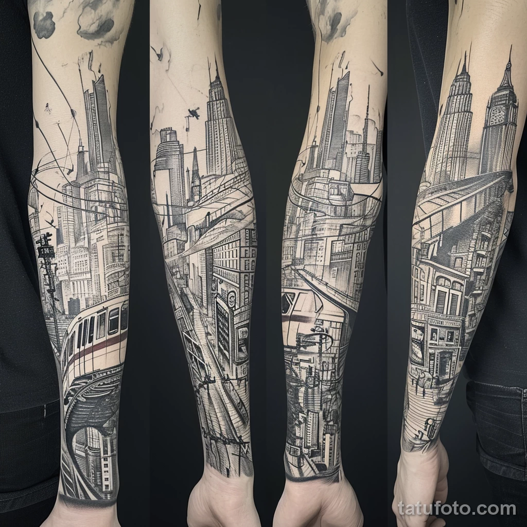 Фото тату про метро - Subway themed sleeve tattoo incorporating city landm fdea d ccaccf - 080124 tatufoto.com 056