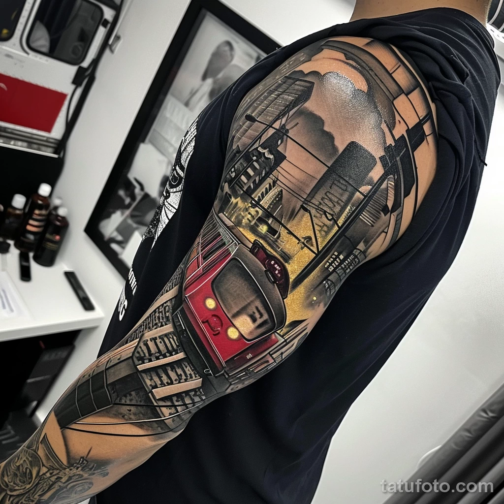 Фото тату про метро - Subway themed sleeve tattoo incorporating different bf a bce bcfafed _1_2 - 080124 tatufoto.com 063