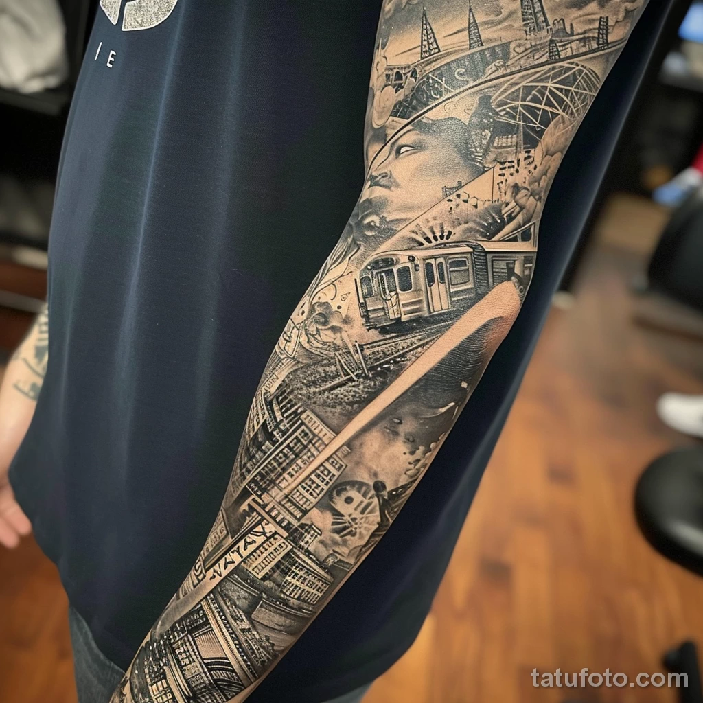 Фото тату про метро - Subway themed sleeve tattoo with various elements aeee a aad da - 080124 tatufoto.com 069