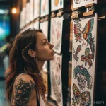 Фотография стены, увешанной эскизами татуировок бабочек различных цветов и размеров, демонстрирующая красоту и легкость этих рисунков.