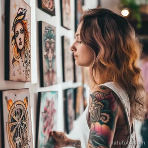 Фотография девушки, внимательно рассматривающей эскизы татуировок на стене тату-студии, демонстрирующая творческий процесс выбора рисунка.