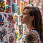 Фотография тату-мастера, работающего над эскизами татуировок, окруженного множеством ярких и красочных рисунков.