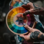 Фотография рук мастера тату, держащих цветовой круг. На руках мастера видны татуировки.
