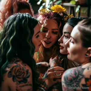 Фотография группы людей с татуировками на фестивале. Люди общаются и улыбаются, демонстрируя свои татуировки.