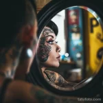 Фото тату: необычная татуировка с цветами, геометрическими узорами и линией на лице девушки.