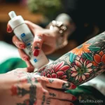 Фото тату процесса ухода: мастер наносит крем на свежую татуировку с цветами на руке клиента.