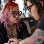 Фото тату процесса нанесения татуировки. Девушка-мастер с яркими волосами и татуировками работает над рисунком на теле клиента.