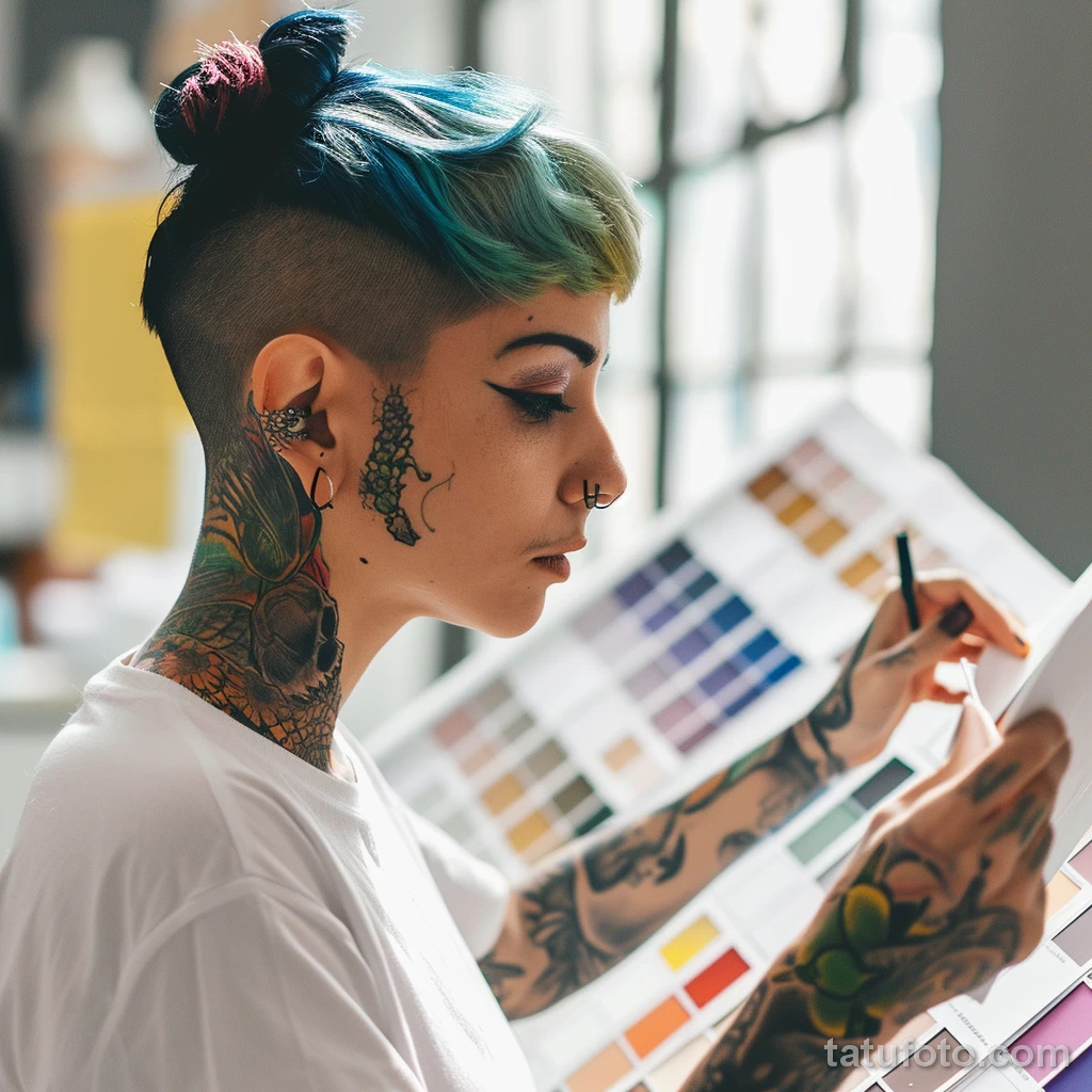 Цвета для тату — A tattoo enthusiast exploring color options in a cat bcbe b b db _1_2 — 030124 tatufoto.com 205