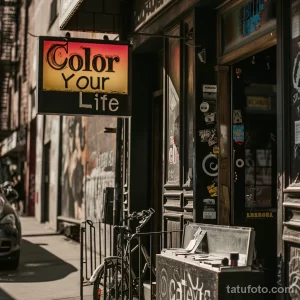 Фотография фасада тату-студии с вывеской 'Color Your Life'. Уютная атмосфера, уличный стиль, вдохновляющий интерьер.