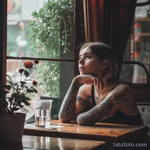 Фотография женщины с татуировками на руках, сидящей в кафе. Татуировки в стиле акварель и геометрические узоры.