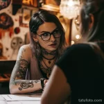 Фото девушки-тату-мастера в очках, консультирующей клиента. На руках у нее видны татуировки с изображением черепа и других символов.