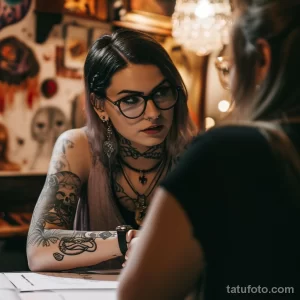 Фото девушки-тату-мастера в очках, консультирующей клиента. На руках у нее видны татуировки с изображением черепа и других символов.