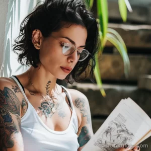 Фото тату-мастера, читающего книгу в очках. На руках и шее видны татуировки с цветочными и геометрическими узорами.